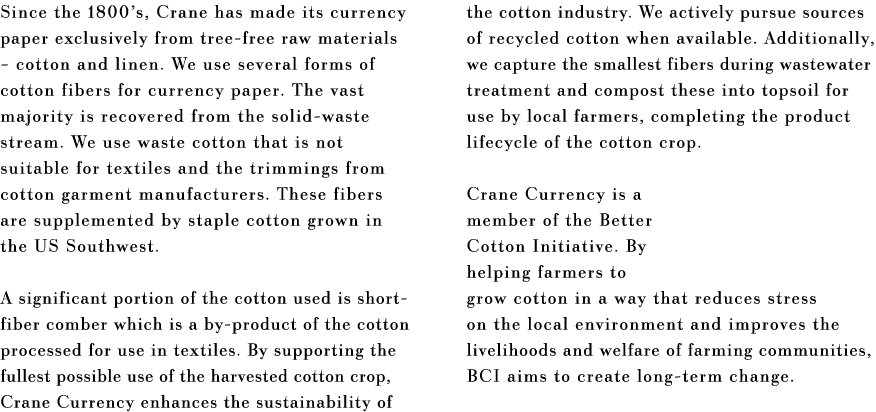 Since the 1800 s, Crane has made its currency paper exclusively from tree-free raw materials   cotton and linen  We u   