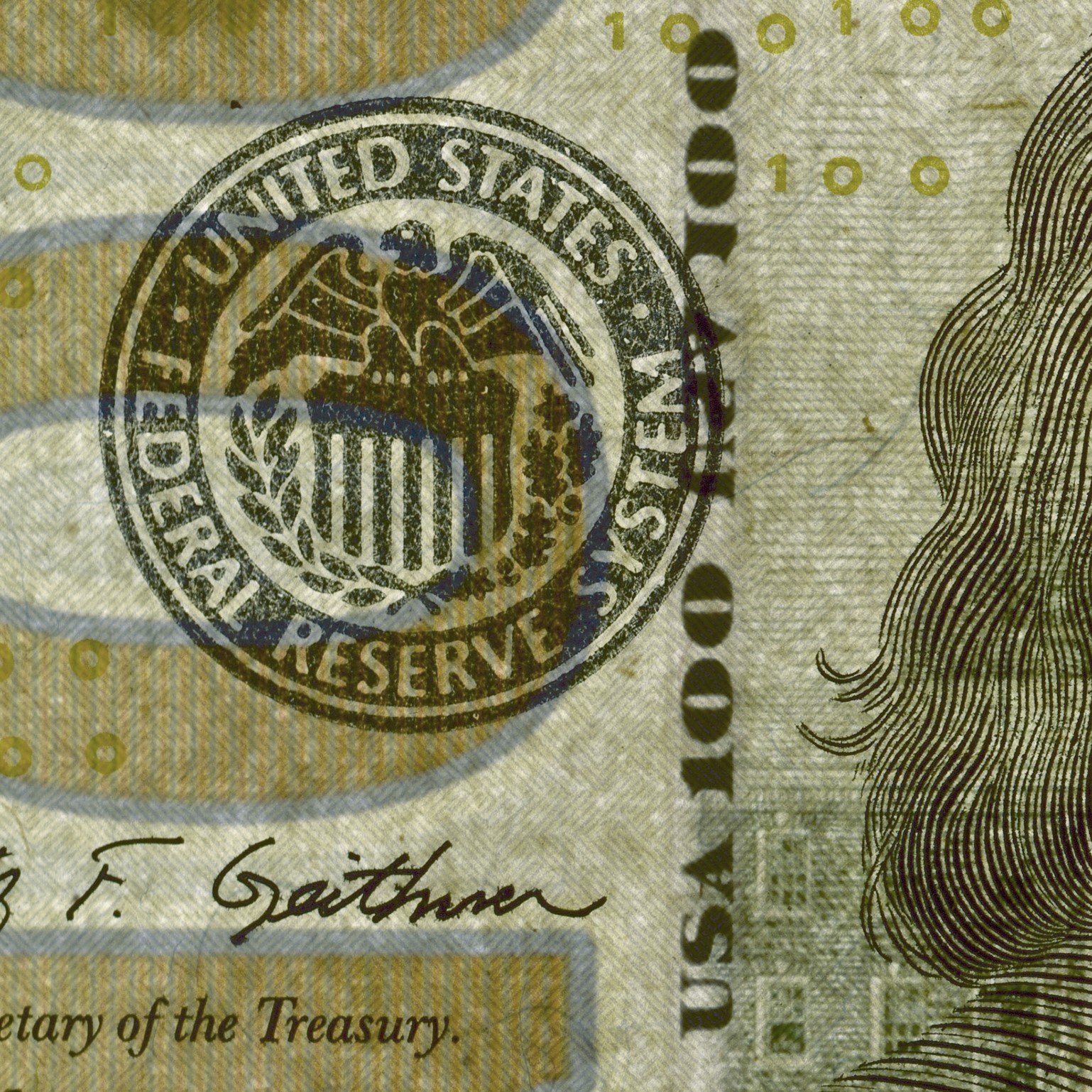 The demetallized thread in the US 100 dollar.